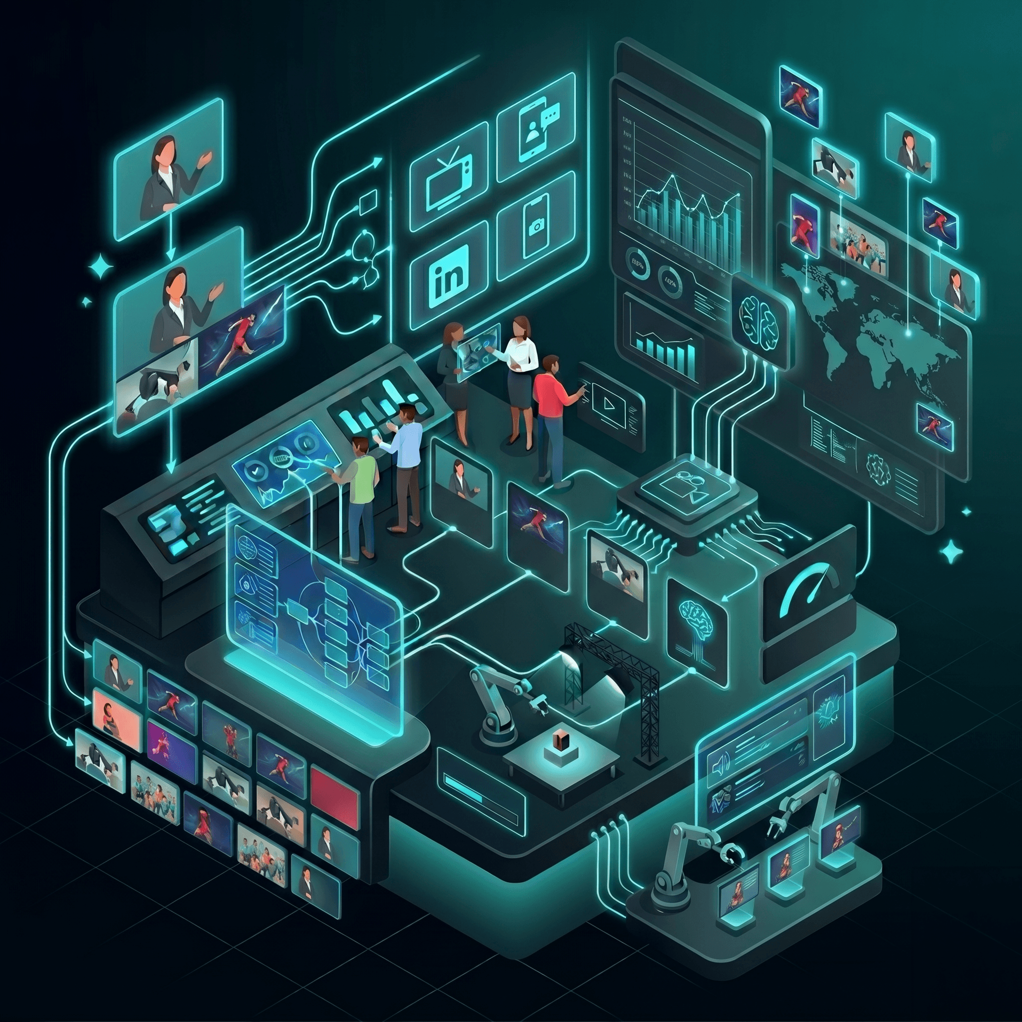 Human operators supervising connected AI production systems and analytics dashboards